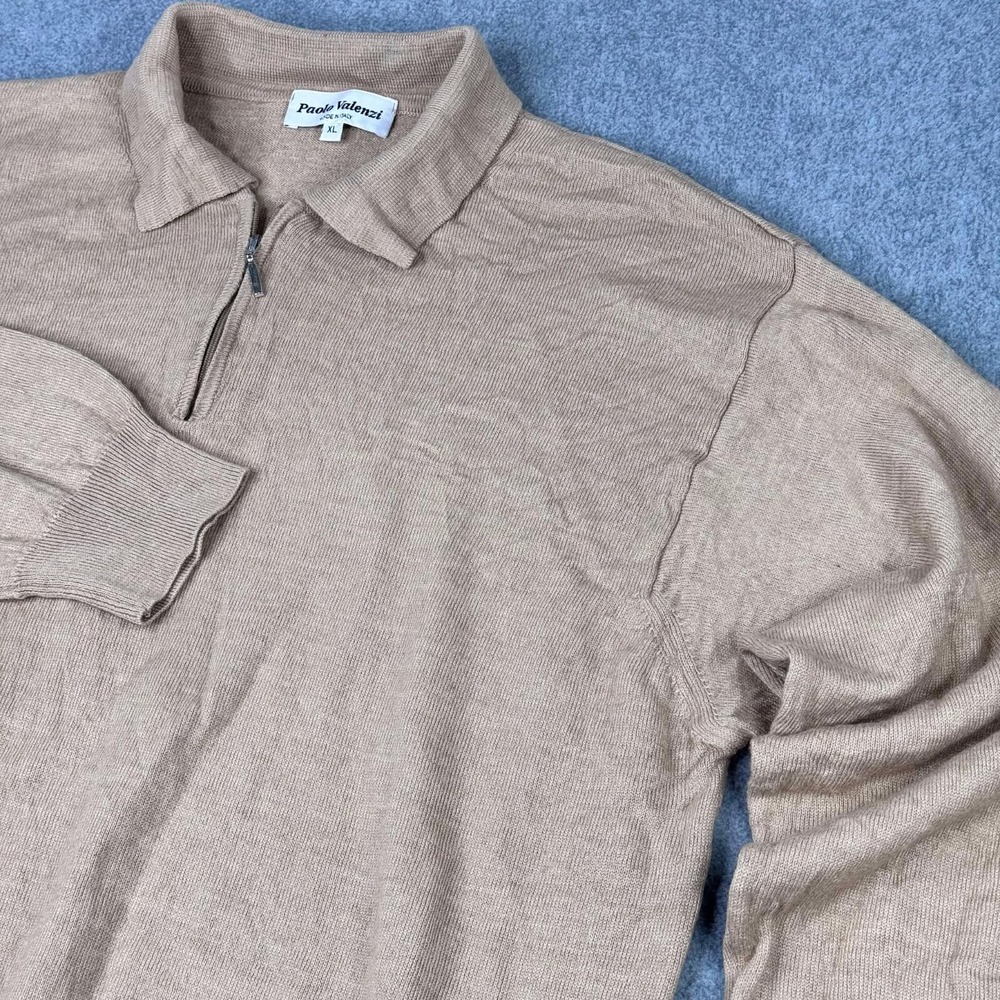 Paolo Valenzi Sweater Wool Blend 1/4 Zip Outdoor Italy‎ Tan Preppy Men's Size XL
